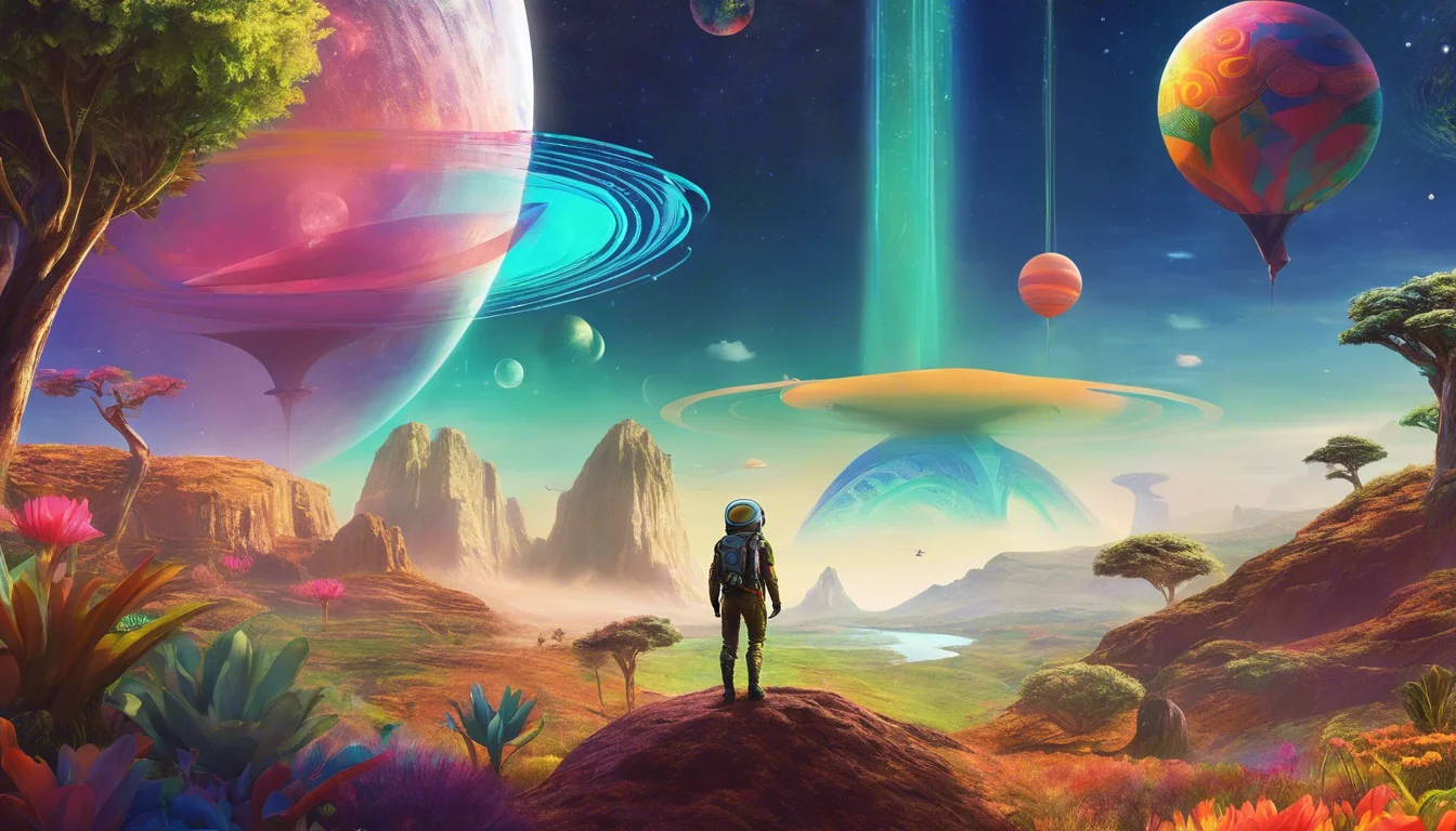 A lone astronaut stands on a colorful alien landscape, gazing at vibrant planets and cosmic phenomena against a backdrop of mountains and a lush, otherworldly environment.
