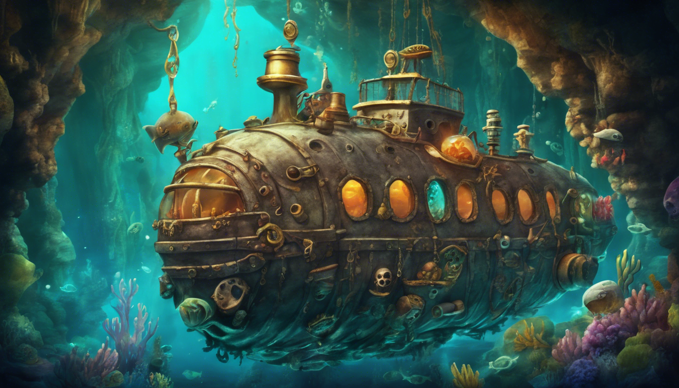 A whimsical pirate submarine with underwater caves in the background.