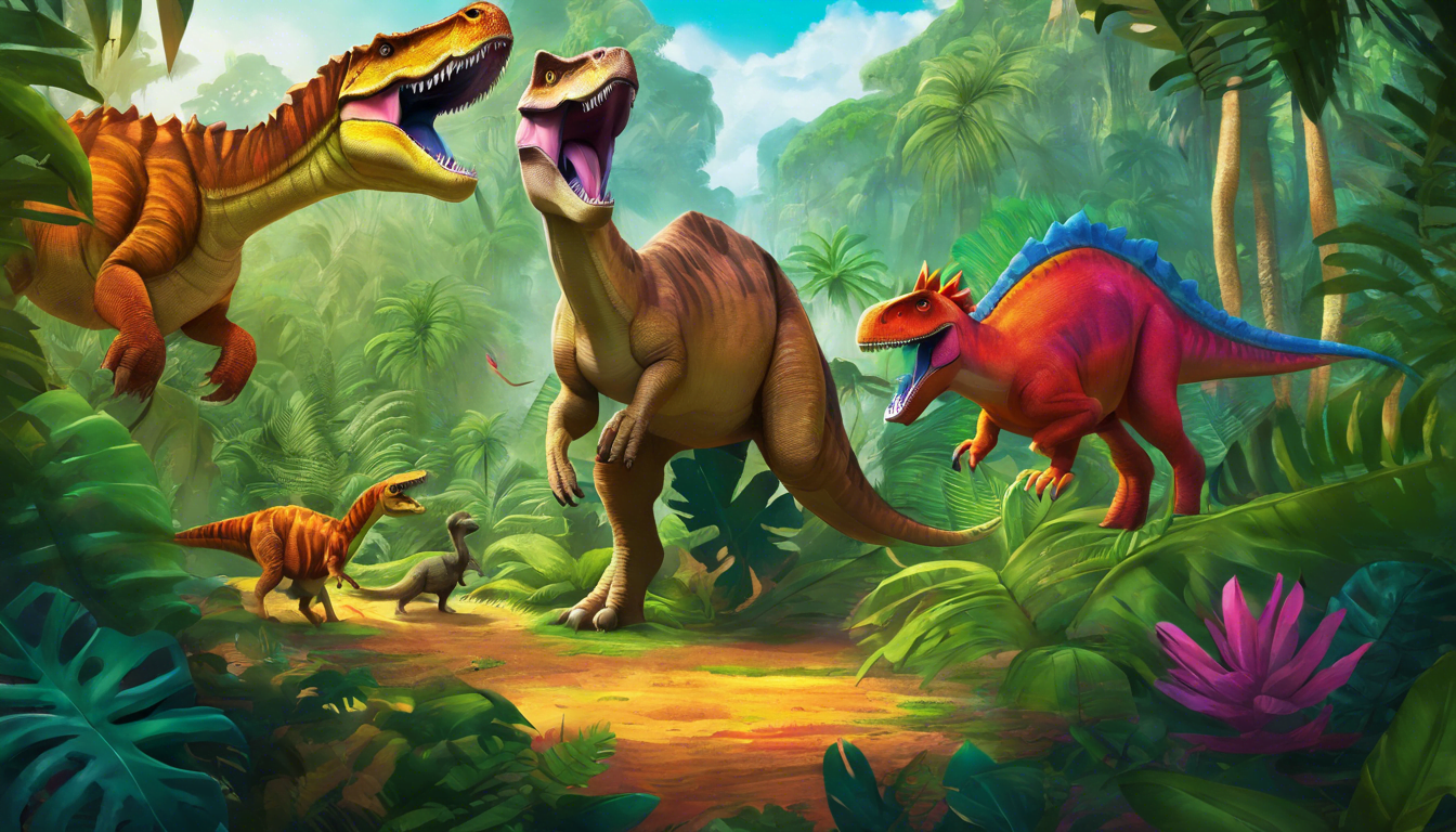 Alt tag: "A vibrant jungle scene featuring four dinosaurs, including a large T. rex and colorful theropods, surrounded by lush greenery and tropical plants."