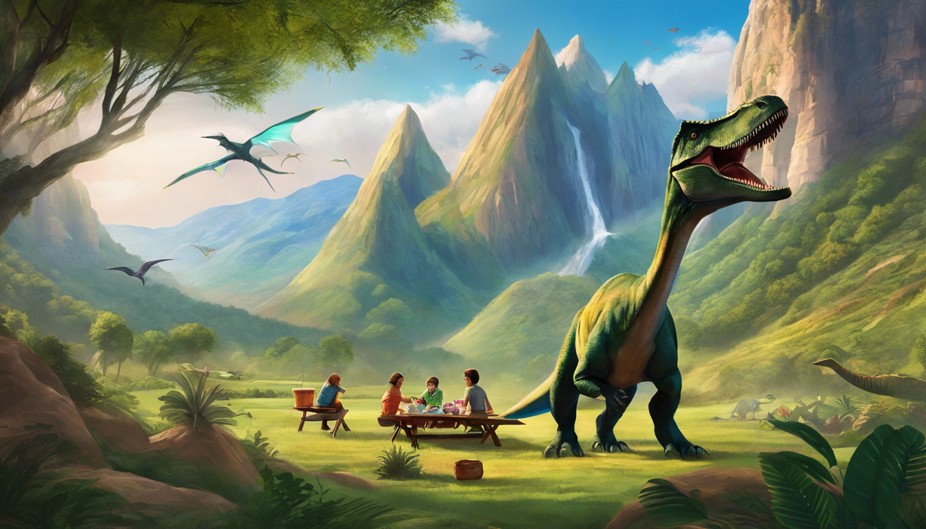 A colorful illustration of a picnic scene in a lush valley, featuring a family at a table with a friendly dinosaur nearby, surrounded by mountains and flying pterosaurs.