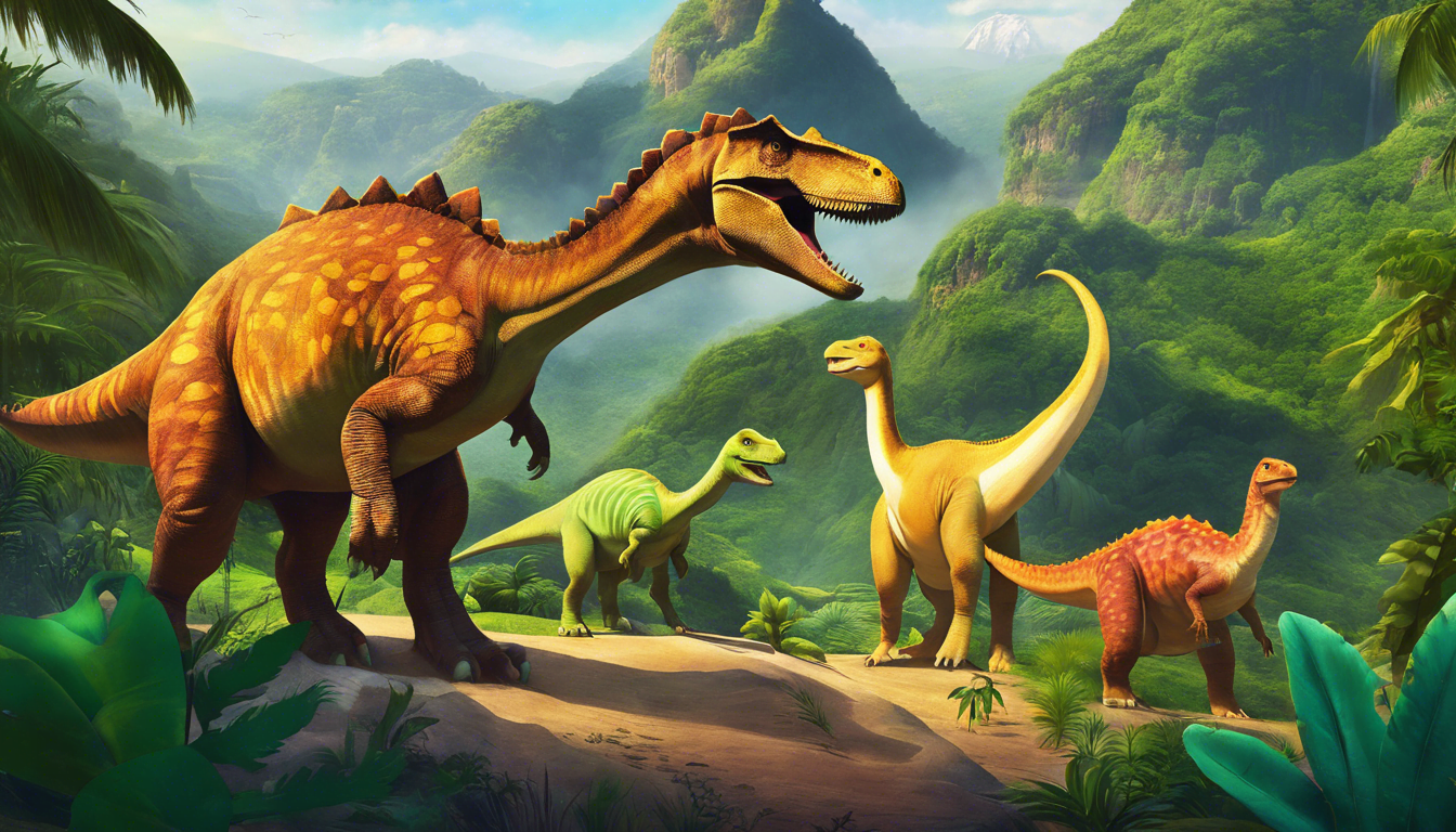 Friendly dinosaurs exploring a vibrant valley.