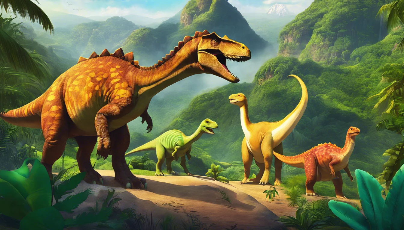 A group of colorful dinosaurs, including a large, roaring dinosaur in the foreground, surrounded by a lush green landscape with mountains in the background.