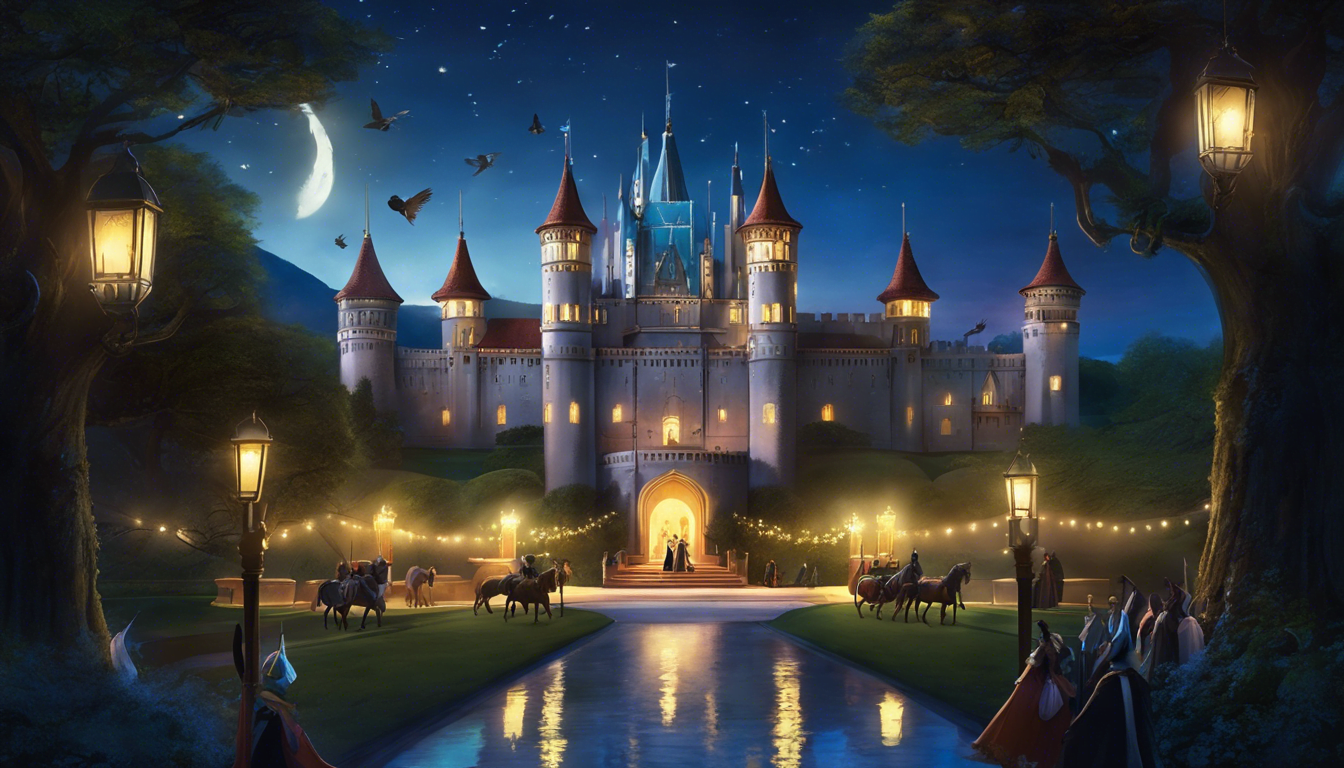 Alt: Animals in elegant attire arriving at a moonlit castle for a magical ball.