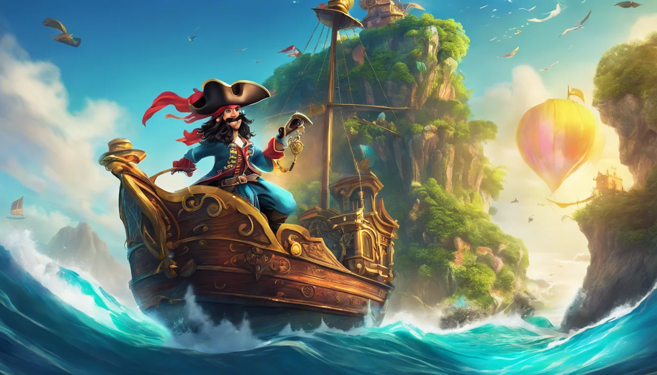 A colorful pirate ship navigating vibrant waves, with a pirate in traditional attire steering and a hot air balloon drifting in the background near a lush island.