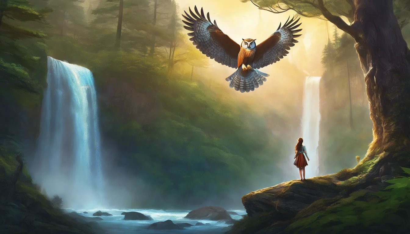 A serene fantasy landscape featuring a young woman standing by a river, gazing up at a majestic owl soaring above two cascading waterfalls surrounded by lush greenery.
