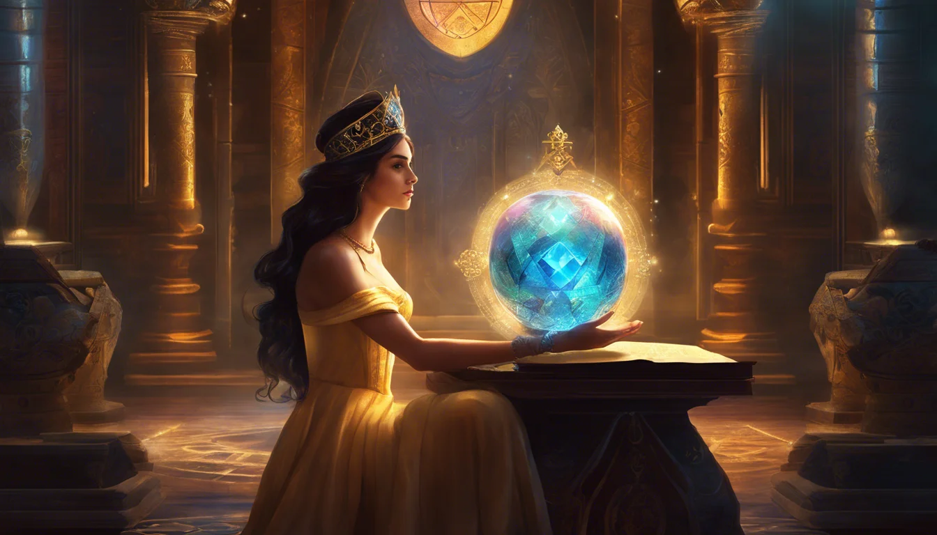 A regal woman in a golden gown and crown gazes thoughtfully at a glowing blue crystal orb, surrounded by ornate pillars in a mystical setting.