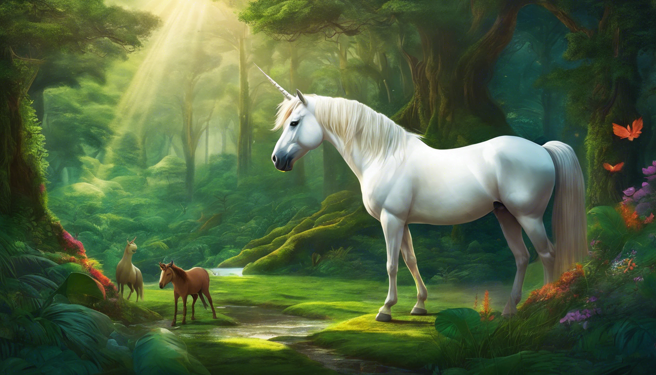 A unicorn in a lush forest, surrounded by animals.