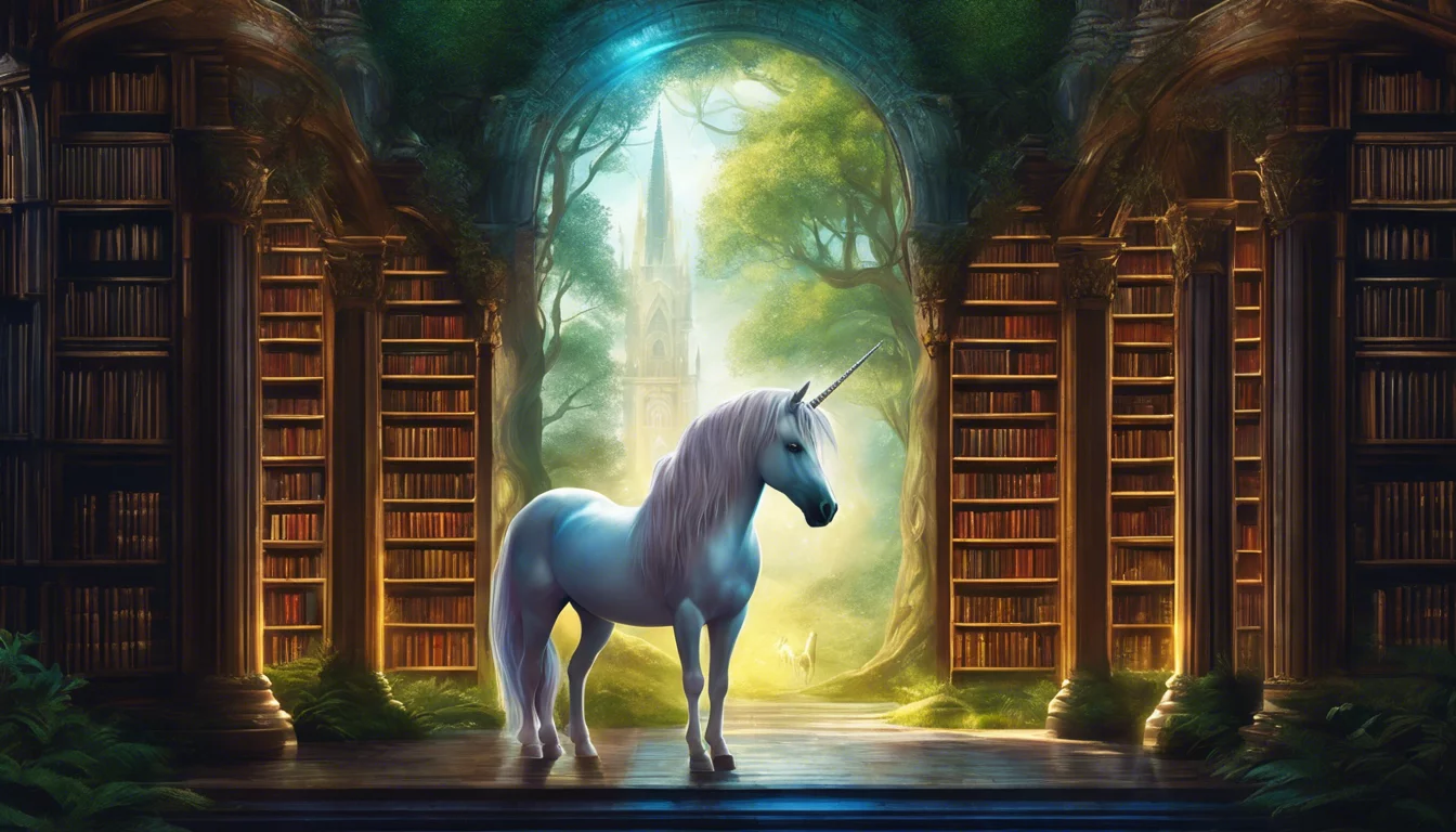 A white unicorn stands in a mystical library, framed by towering shelves and illuminated by a magical forest backdrop.