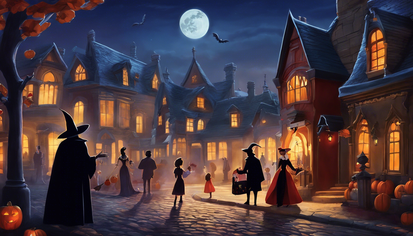 A spooky Halloween scene featuring trick-or-treaters in costumes walking through a quaint, dimly lit village illuminated by a full moon and carved pumpkins.