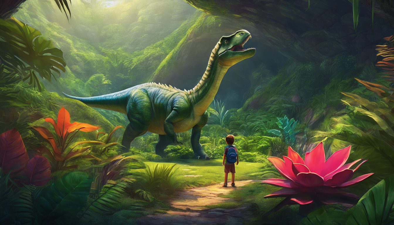 A young boy stands in a lush, tropical jungle, facing a large dinosaur amidst vibrant foliage and flowers.