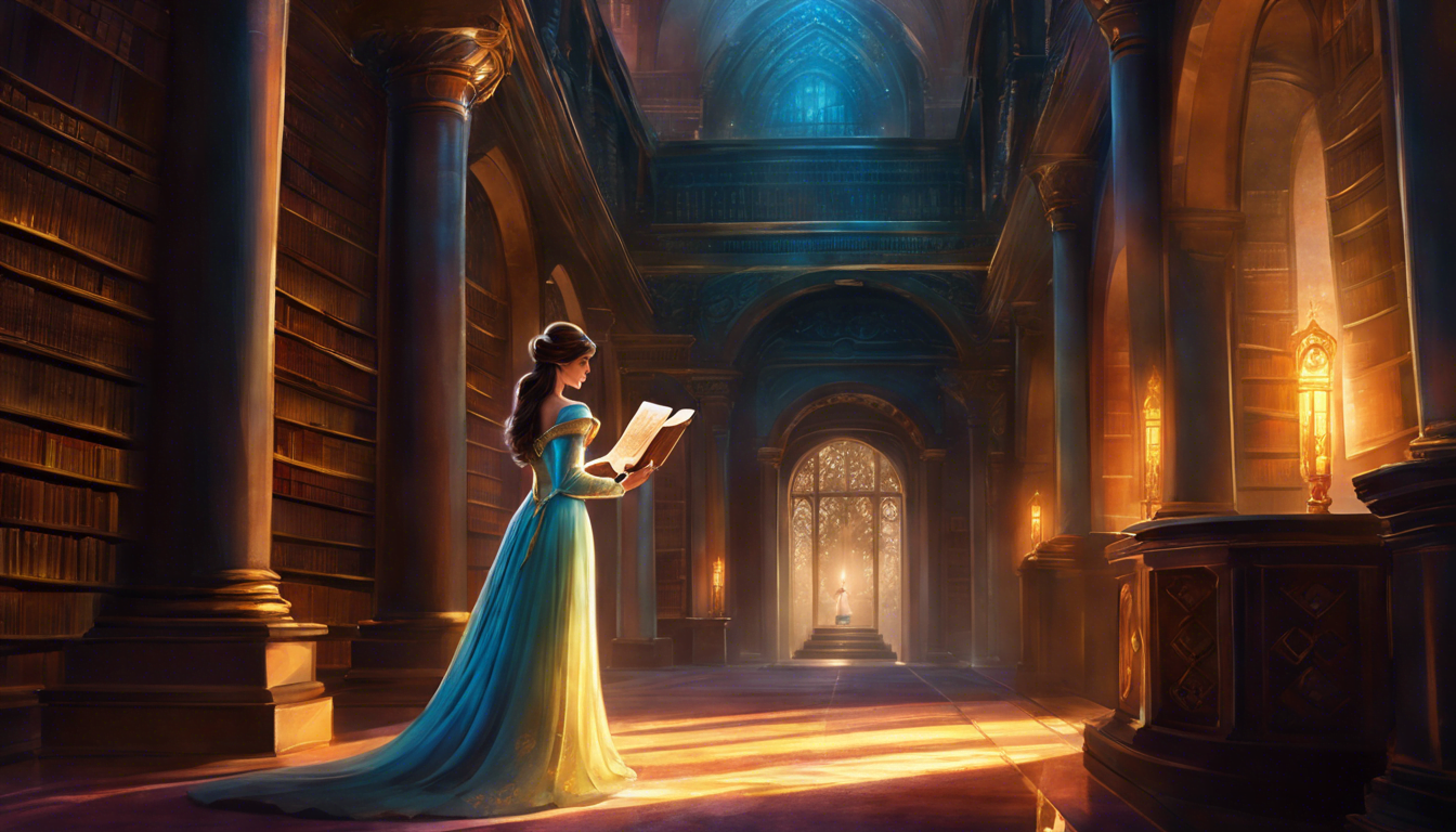 A woman in a blue gown reads a book in a grand, dimly lit library filled with tall bookshelves and ornate architecture.