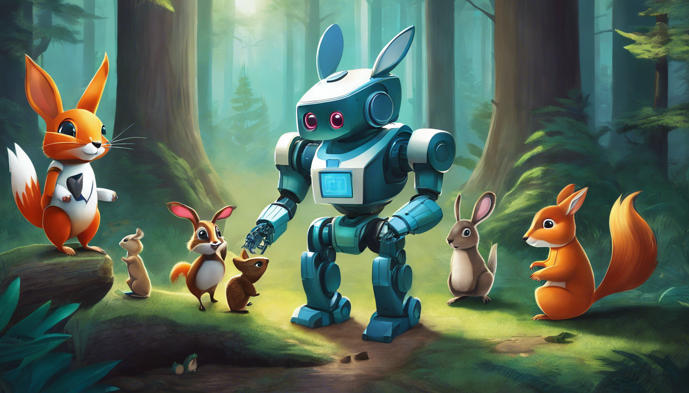 A whimsical scene depicting a robot surrounded by various forest animals, including rabbits and squirrels, in a lush, green woodland.