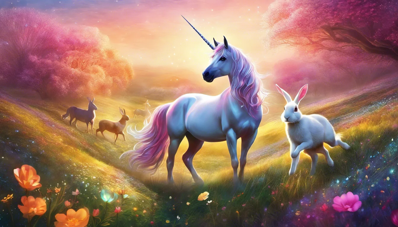 A magical scene featuring a white unicorn with a flowing mane and a rabbit, set in a vibrant, colorful meadow with blooming flowers, surrounded by soft pastel skies.