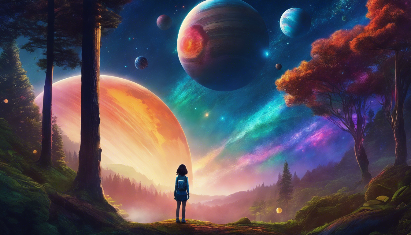 A young girl stands near a spaceship in a cosmic forest setting.