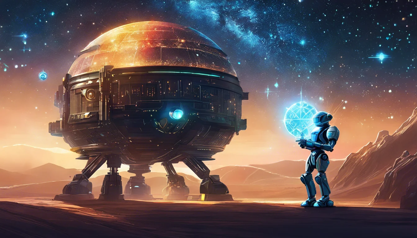 A futuristic robot stands on a barren planet, holding a glowing orb, while a massive, spherical spacecraft looms in the background against a starry sky.