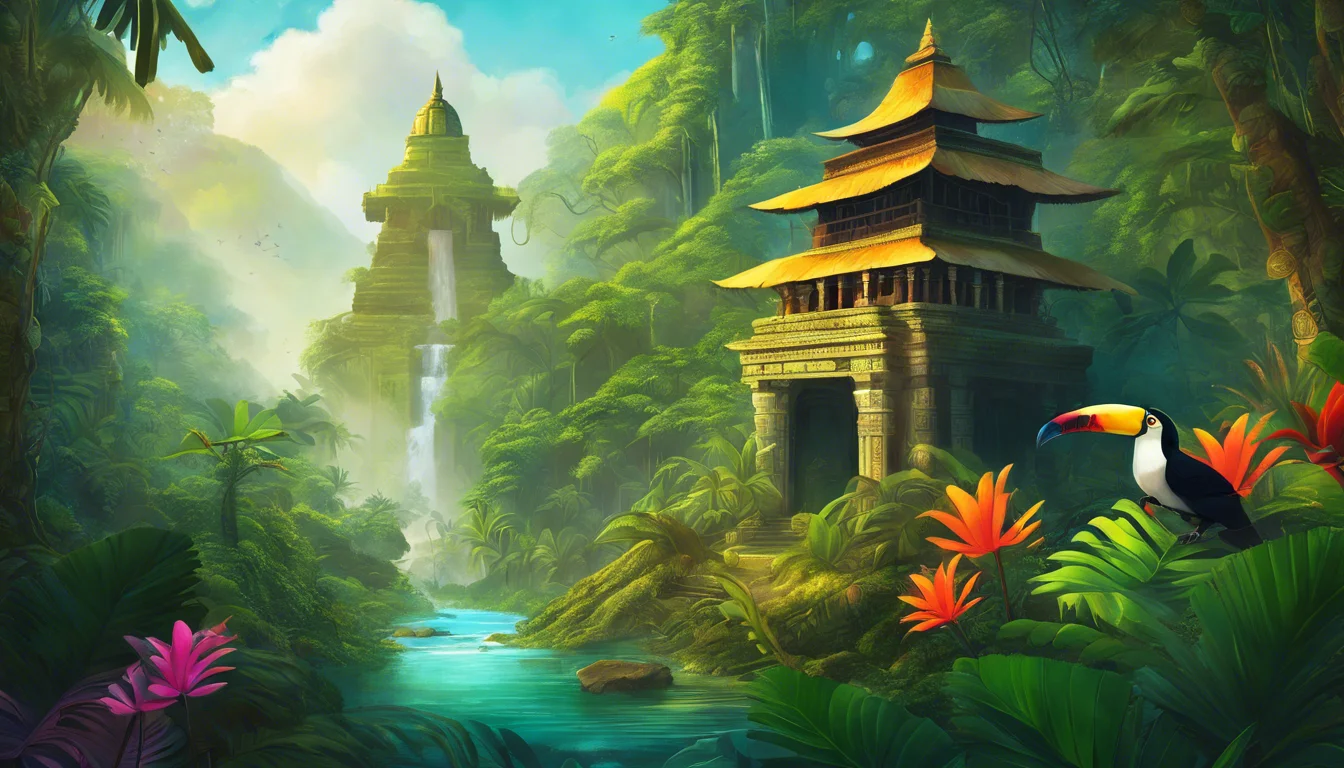 Lush jungle scene featuring ancient temples, a waterfall, vibrant flowers, and a toucan.
