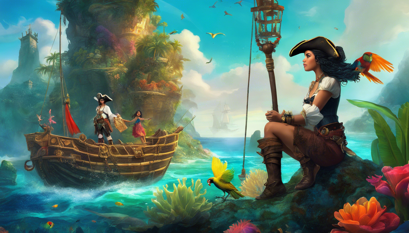 A young pirate and her parrot explore a vibrant underwater reef.