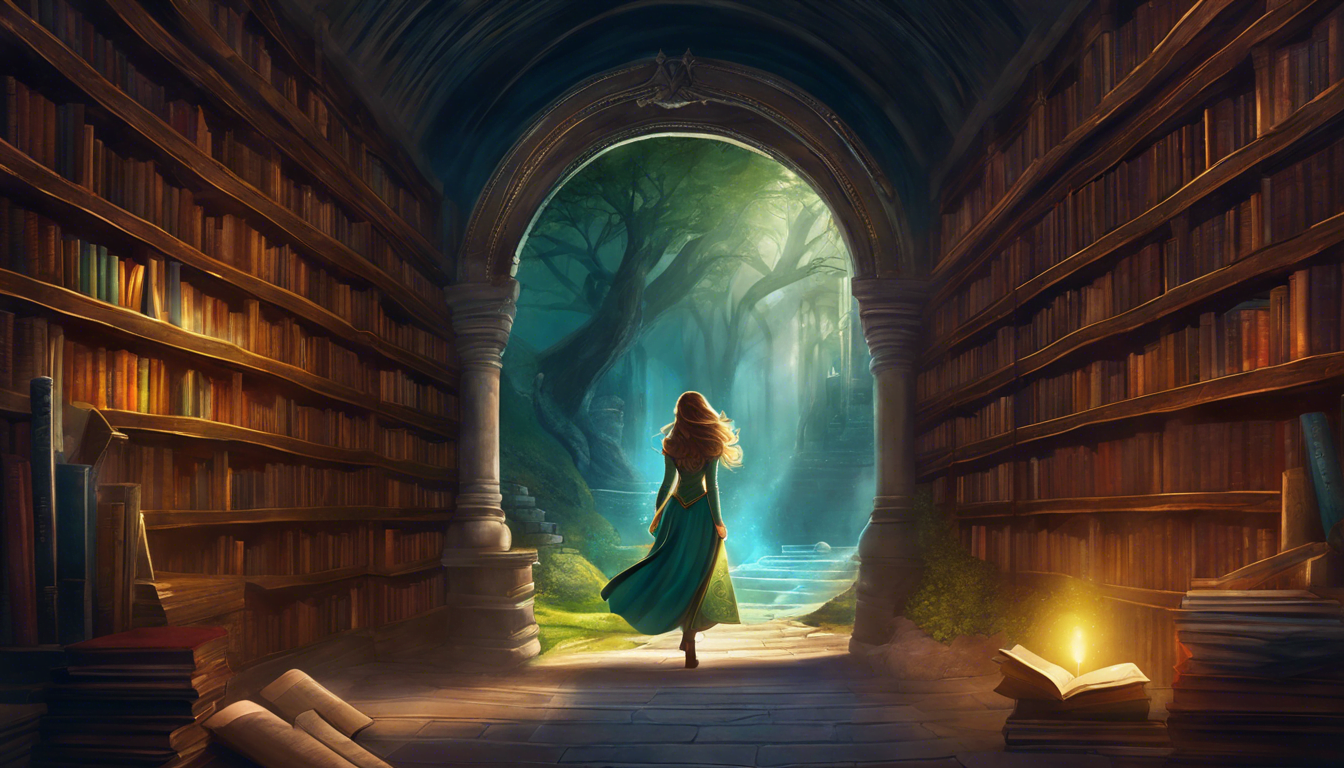 Alt: A princess discovering a hidden passage in a library.