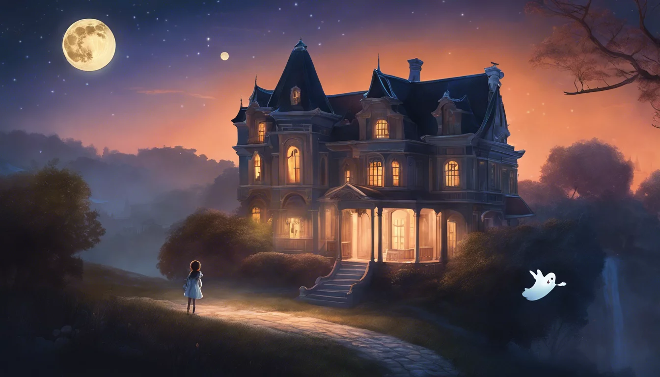 A young girl stands on a winding path, gazing at an illuminated, elaborate mansion under a full moon, with a whimsical ghost hovering nearby.