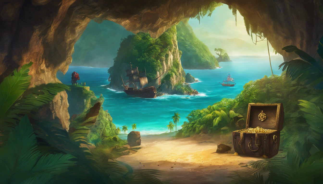 A picturesque pirate cave view revealing a sandy beach, a treasure chest overflowing with gold, and distant ships on a vibrant, tropical ocean.