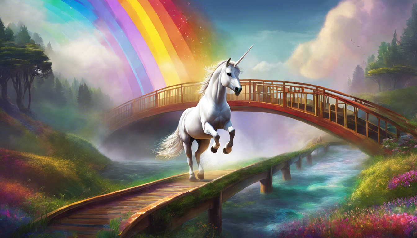 A unicorn is crossing a bridge with a rainbow in the background.