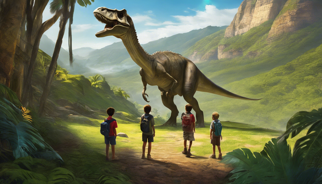 Three kids and a guide in a lush valley, surrounded by dinosaur fossils and a large skeleton.