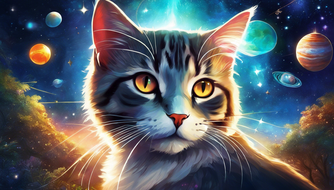 A glowing-collar cat floating in space with luminescent beings and shimmering water sprites.