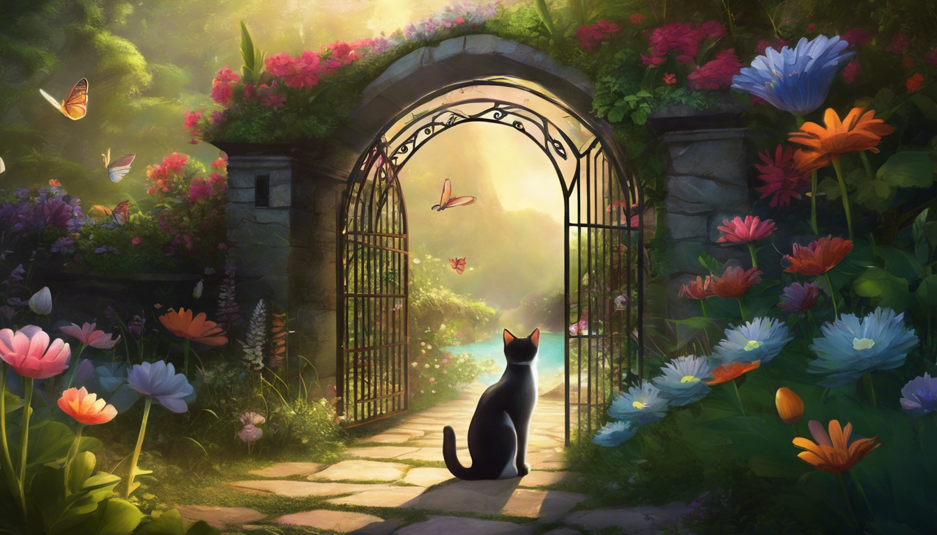 A black cat sits in a vibrant garden, gazing through an ornate gate surrounded by colorful flowers and fluttering butterflies.