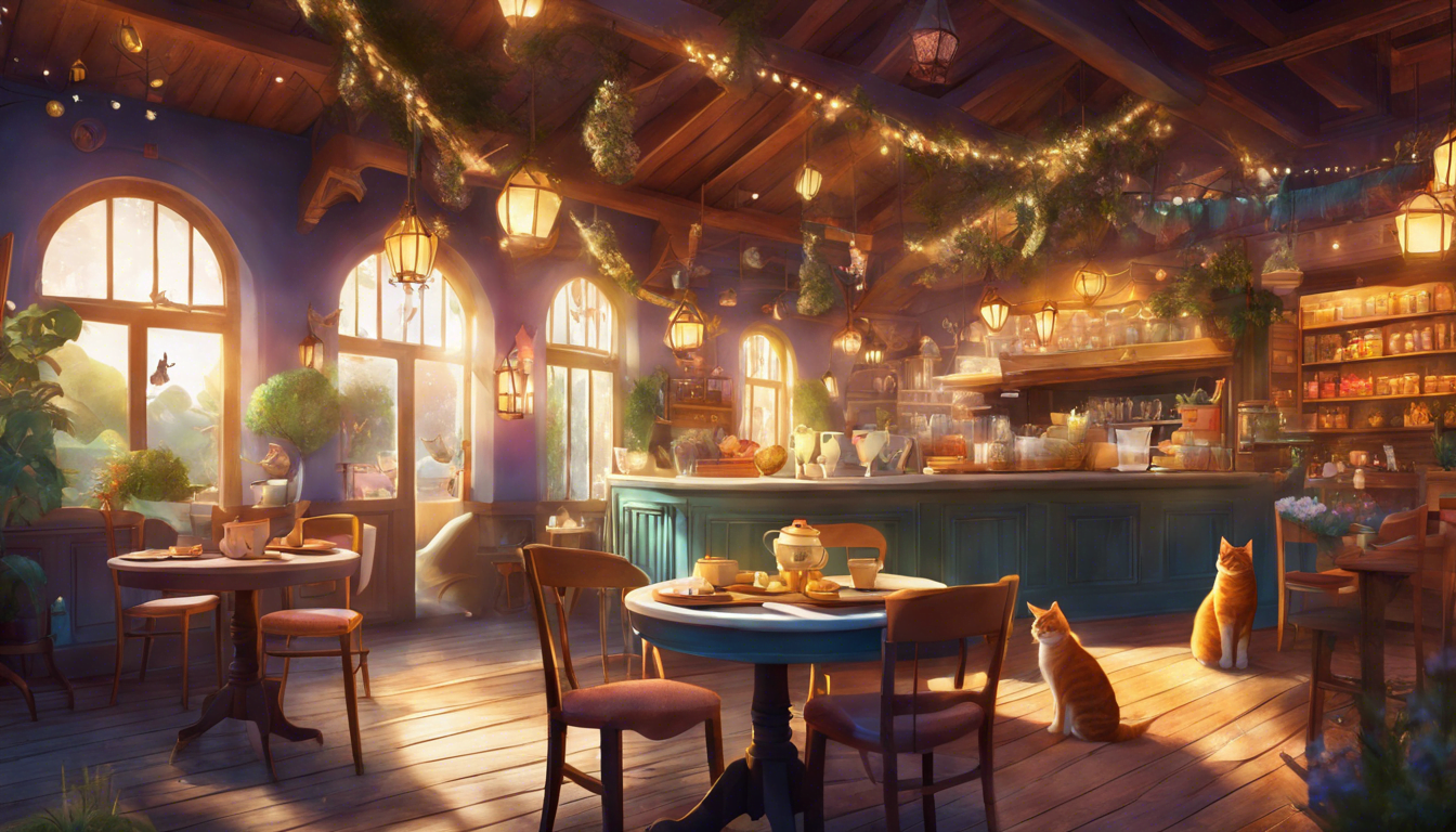 A cozy café interior with rustic wooden furniture, warm lighting from hanging lanterns, and plants decorating the space, featuring two cats lounging on the floor.