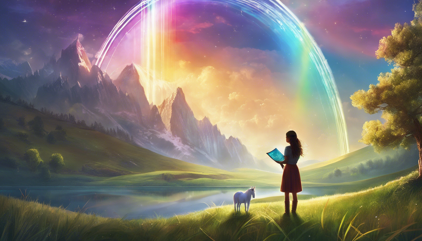 A girl and a small dog stand by a serene lake, gazing at a vibrant rainbow arching over majestic mountains at sunset, with a book in her hands.