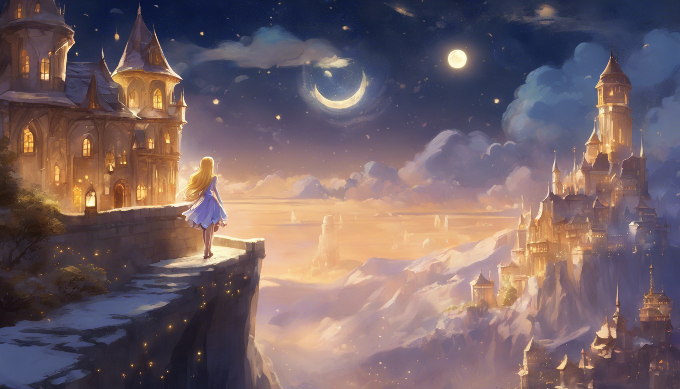 A young girl in a blue dress stands on a cliff overlooking a dreamy landscape with glowing castles under a starry sky and a crescent moon.