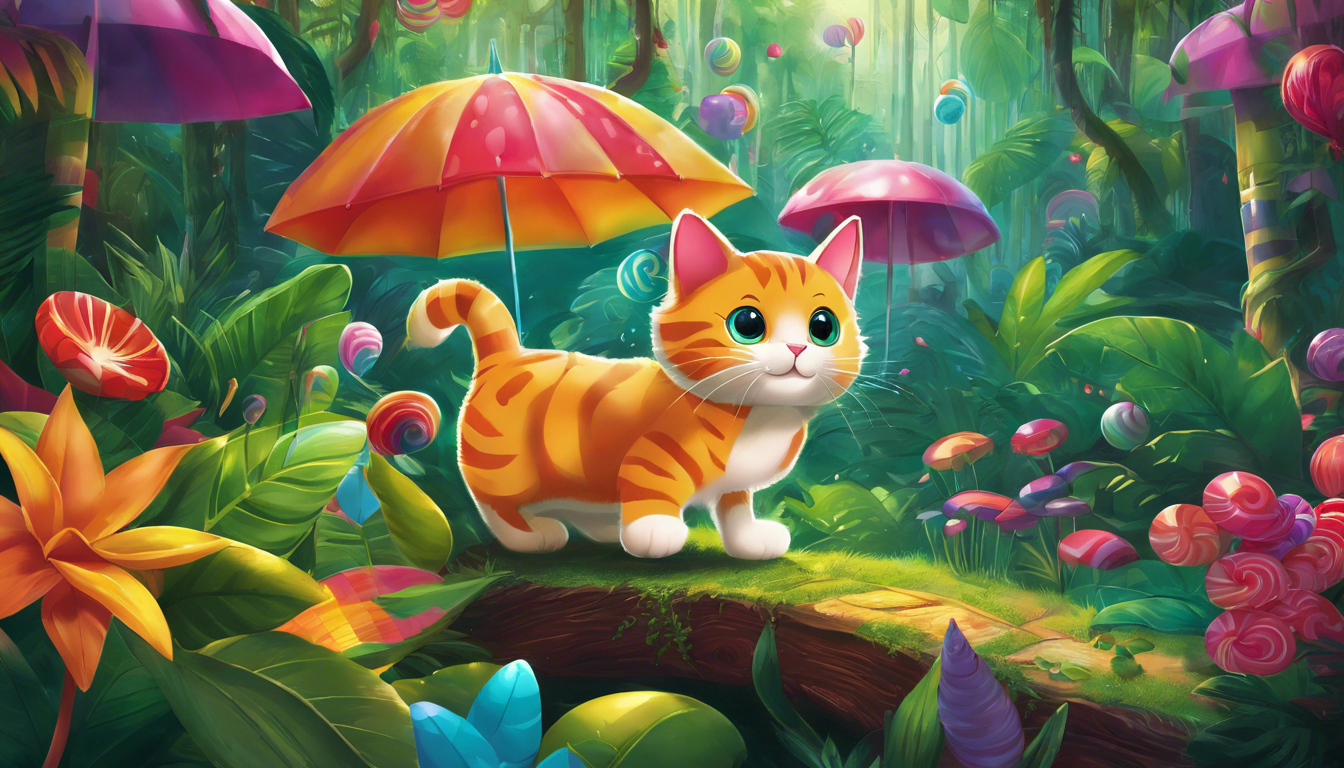 A cute orange tabby cat with big eyes stands on a log in a vibrant, whimsical forest filled with colorful mushrooms and flowers, under rainbow umbrellas.