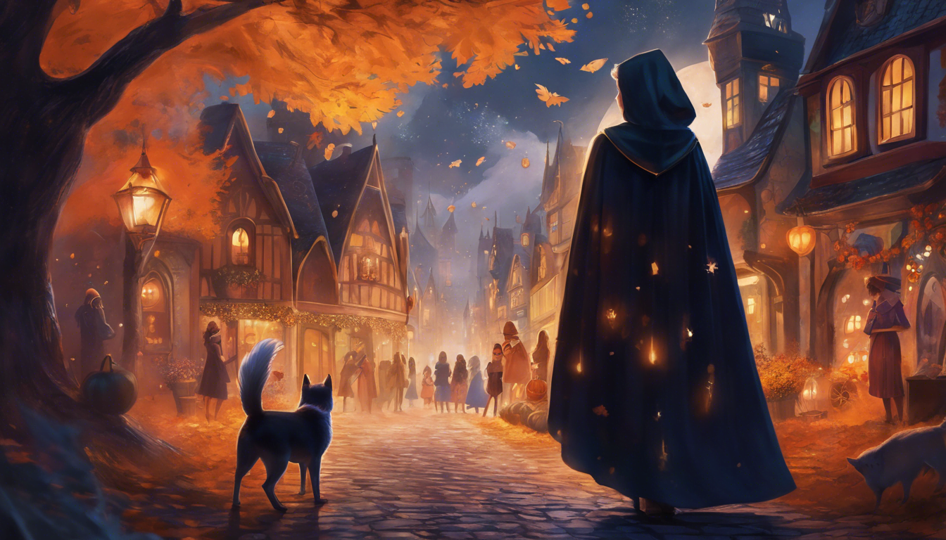 A girl in a magical cloak stands bravely before playful spirits in a Halloween-decorated town.