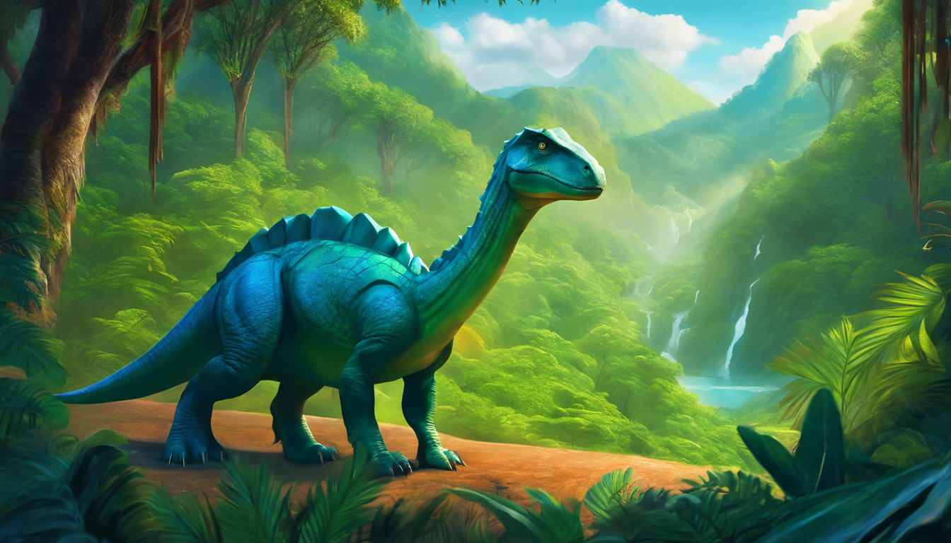 A small green dinosaur holding a glowing blue stone in a lush valley, with animals watching.