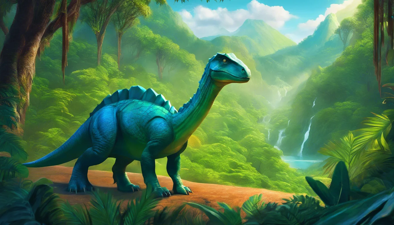 A majestic blue dinosaur stands on a rocky ledge, surrounded by lush green jungle and cascading waterfalls in a vibrant prehistoric landscape.