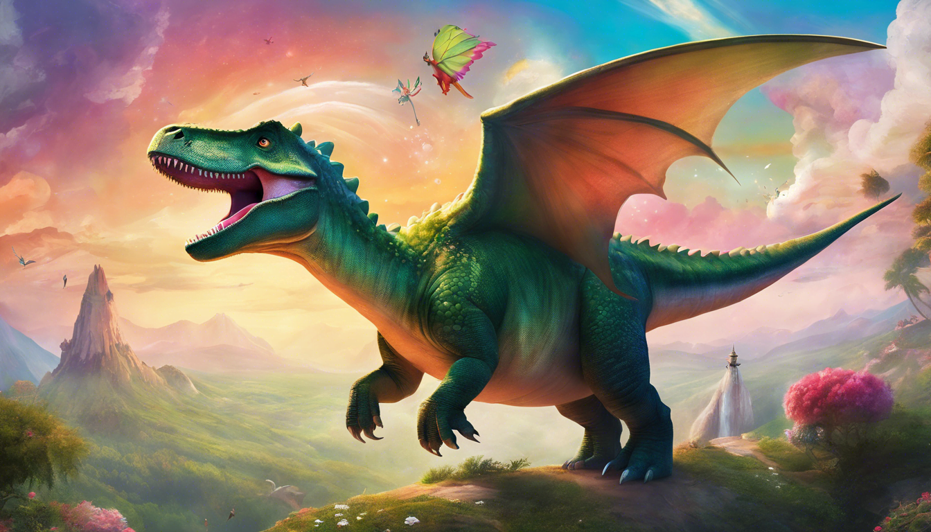 A friendly dinosaur and a fairy flying over a magical landscape with enchanted meadows and candy clouds.