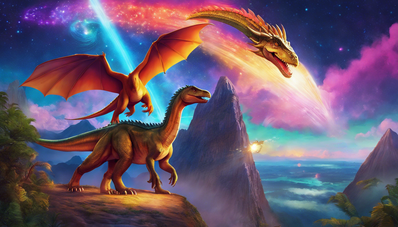 A vibrant fantasy scene featuring a dragon and a dinosaur beneath a colorful cosmic sky with shooting stars and mountains in the background.