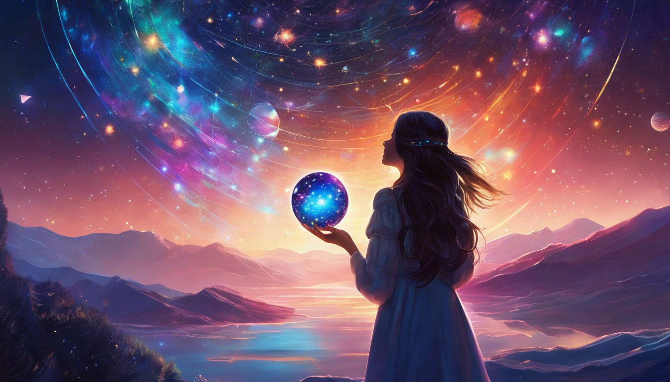 A silhouette of a woman in a flowing white dress holding a glowing cosmic orb, surrounded by a starry sky and mountains at sunset.