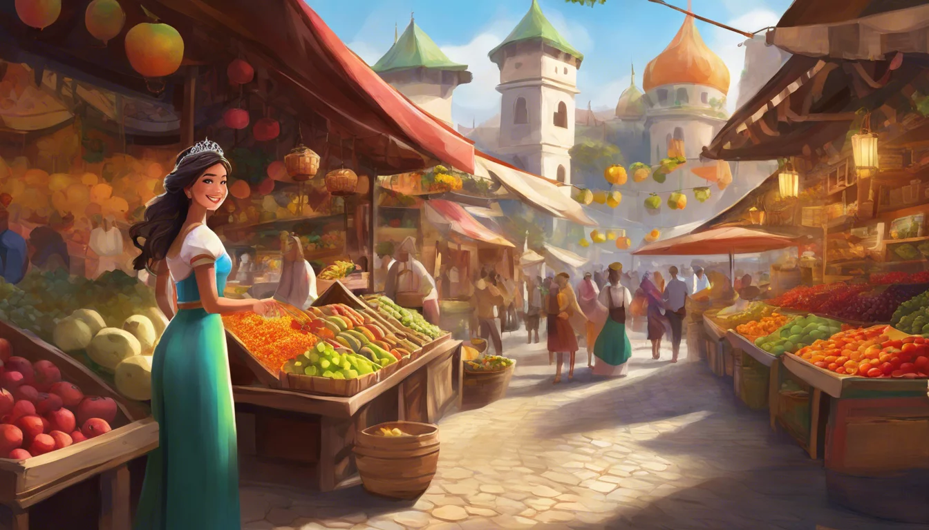 A vibrant marketplace scene with a smiling woman in a blue and white dress, surrounded by colorful fruits and bustling vendors under awnings, with castles in the background.