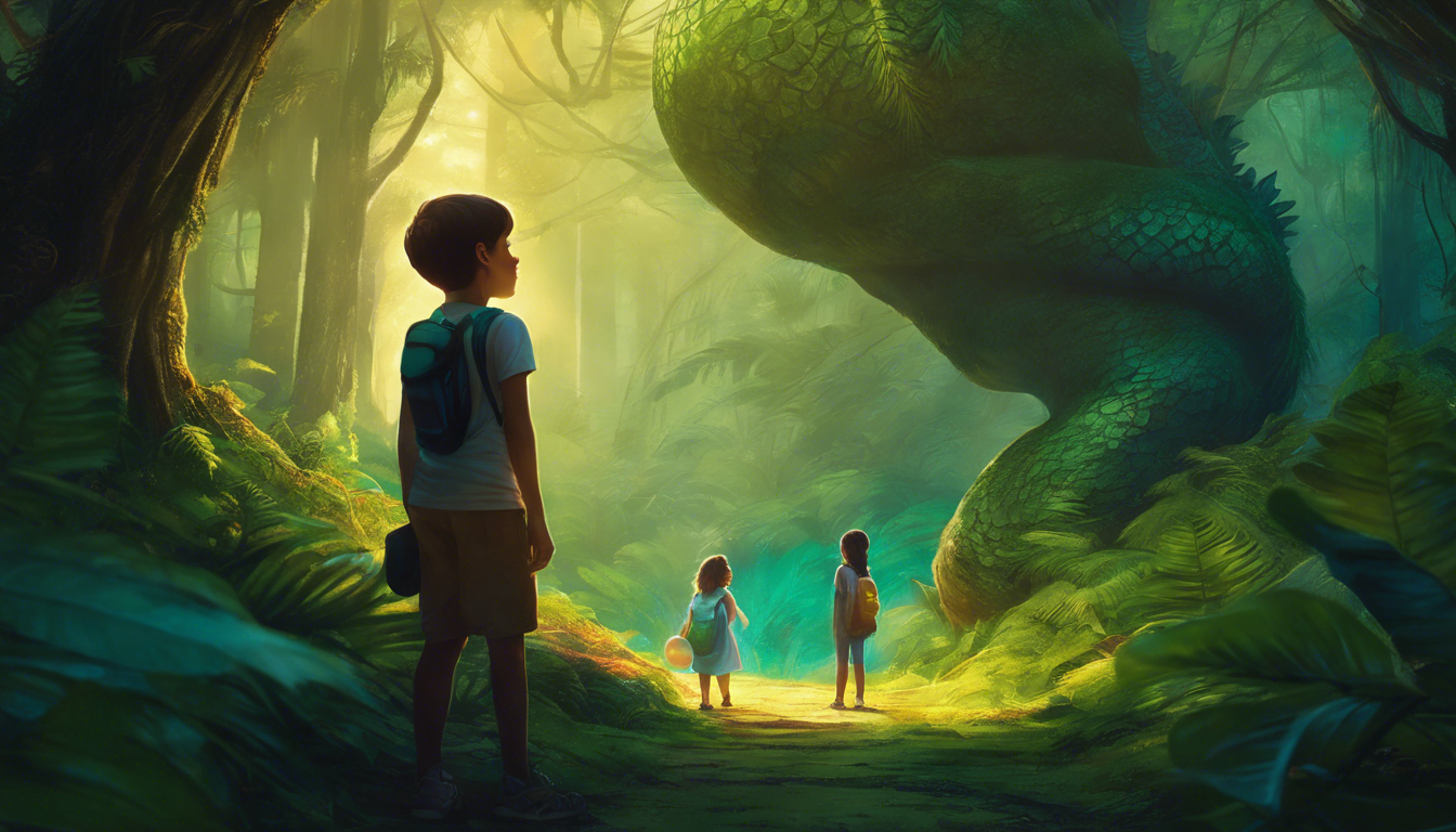 A boy holding a glowing dragon egg in a forest, with his curious sisters peeking from behind a tree.