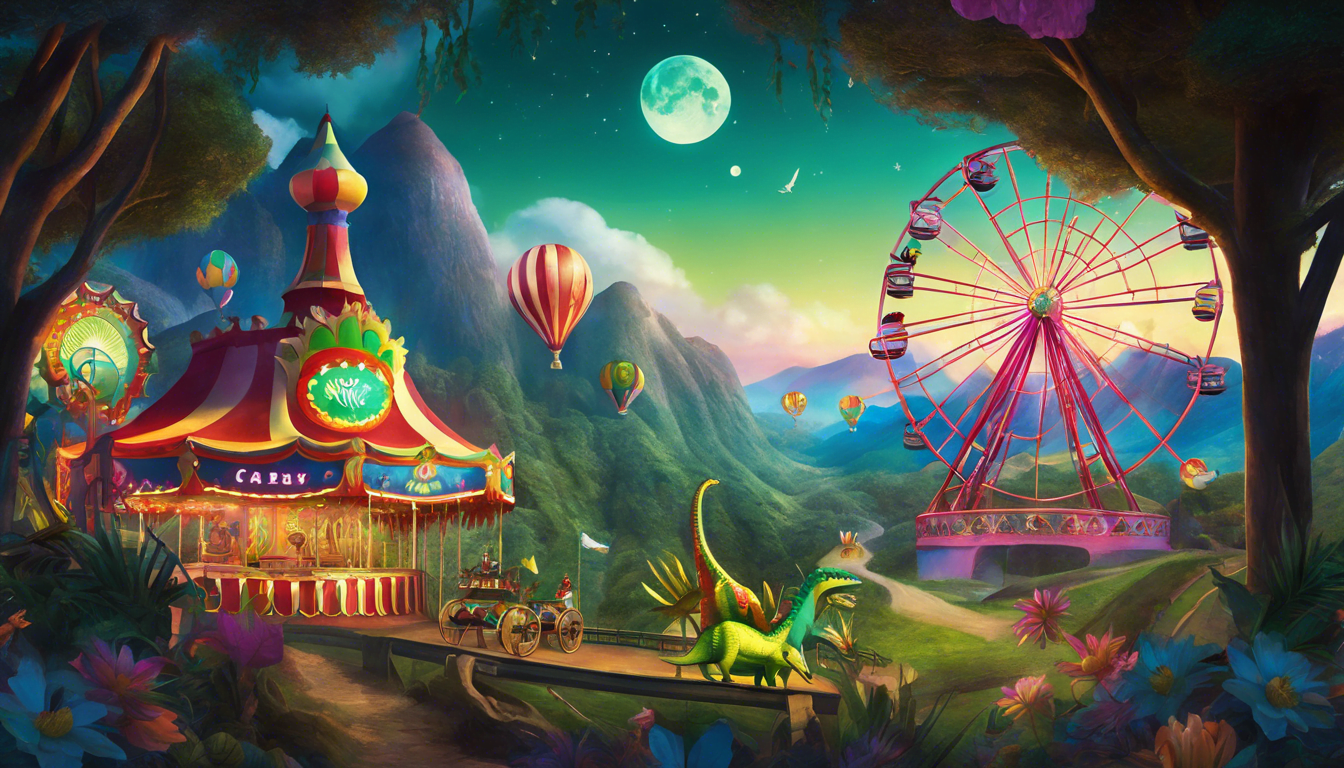 Playful dinosaurs enjoying carnival rides in a lush valley under a full moon.