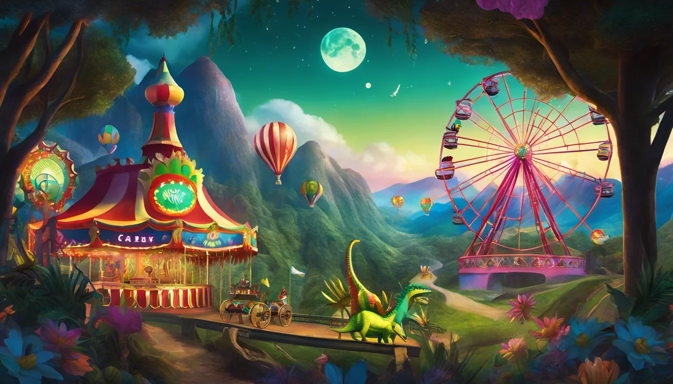 A vibrant carnival scene set in a lush landscape, featuring a colorful carousel, a towering Ferris wheel, hot air balloons in the sky, and a whimsical dinosaur among blooming flowers under a glowing moon.