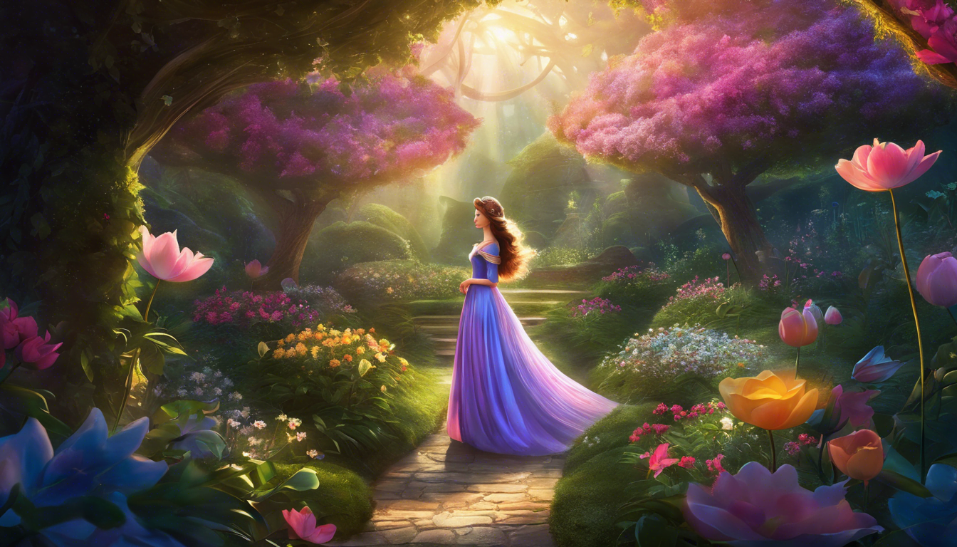 A young woman in a purple gown stands in a lush, colorful garden filled with blooming flowers and soft, dappled sunlight filtering through the trees.