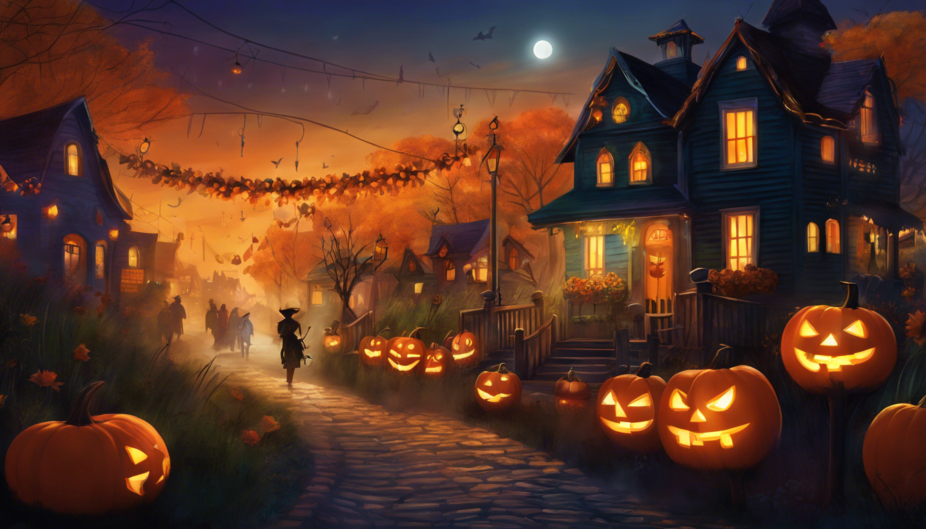 A whimsical Halloween scene featuring a winding path lined with carved pumpkins, vibrant autumn leaves, and a cozy house adorned with festive decorations under a moonlit sky.