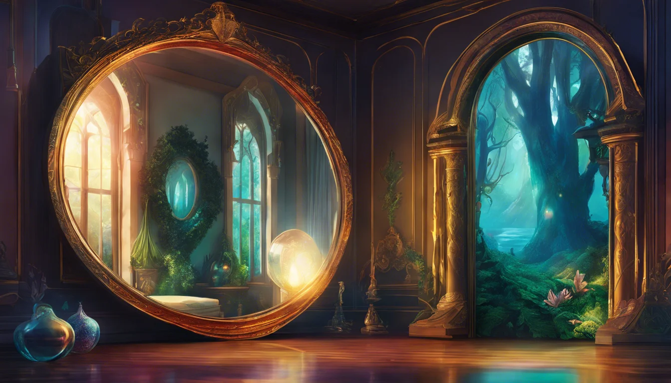 A beautifully decorated room featuring a large ornate mirror reflecting soft light, alongside an archway leading to a mystical forest filled with vibrant greenery and glowing elements.