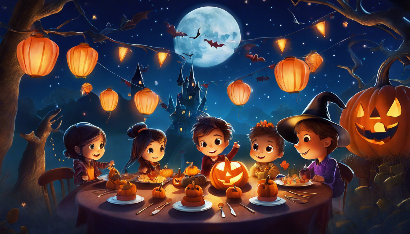 A festive Halloween gathering of five children at a table, decorated with pumpkins and food, under a full moon and lanterns, with a castle in the background and bats flying in the night sky.