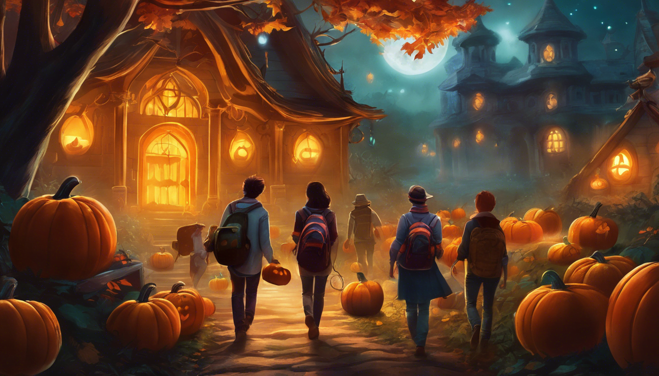 A group of friends following glowing pumpkins in a mystical garden with a glowing treasure chest in the background.