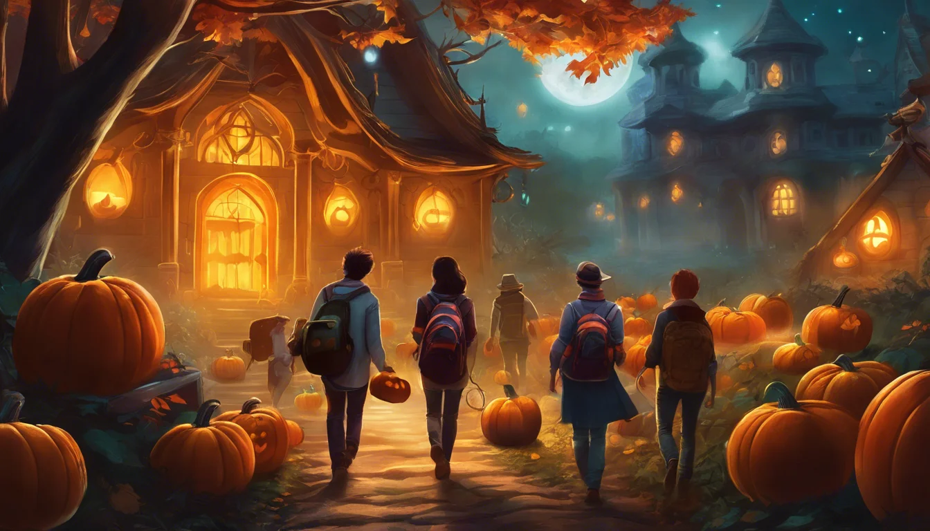 A group of five people walks down a pumpkin-lined path towards a warmly lit, whimsical cottage surrounded by autumn leaves and a glowing moonlit sky.