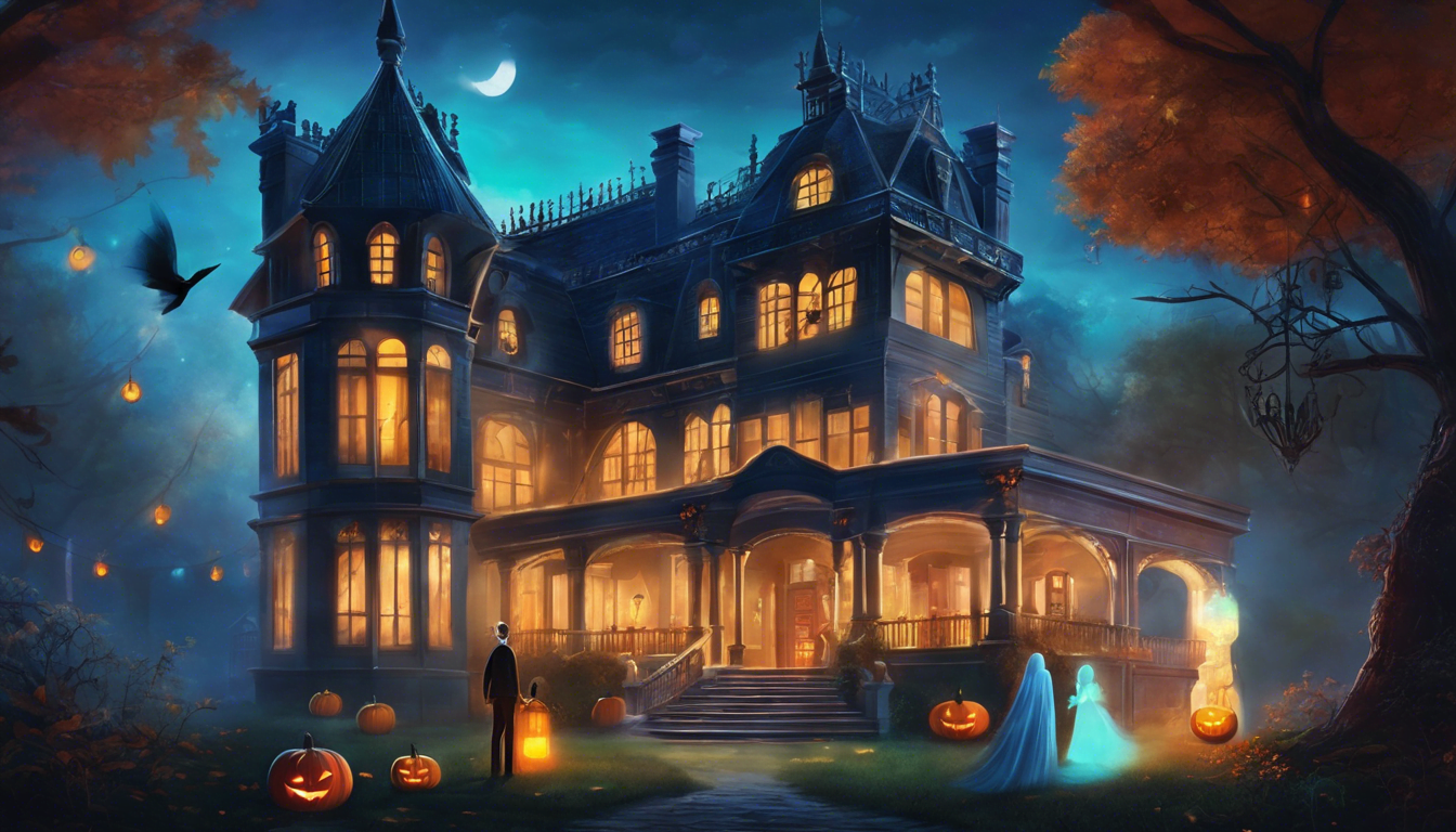 A ghost family decorates a mansion for a Halloween party with glowing fireflies.