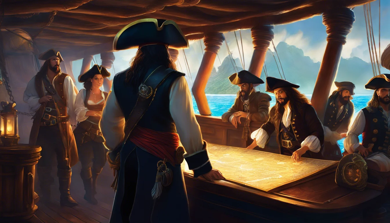 A group of pirates gathered around a large map on a wooden ship, discussing their next adventure under the soft glow of lantern light and a scenic ocean backdrop.